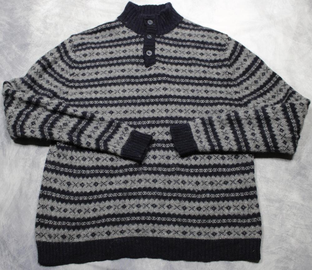Vintage Eddie Bauer Sweater Mens 2XL Gray Wool Fair Isle Henley Mock Neck Knit
